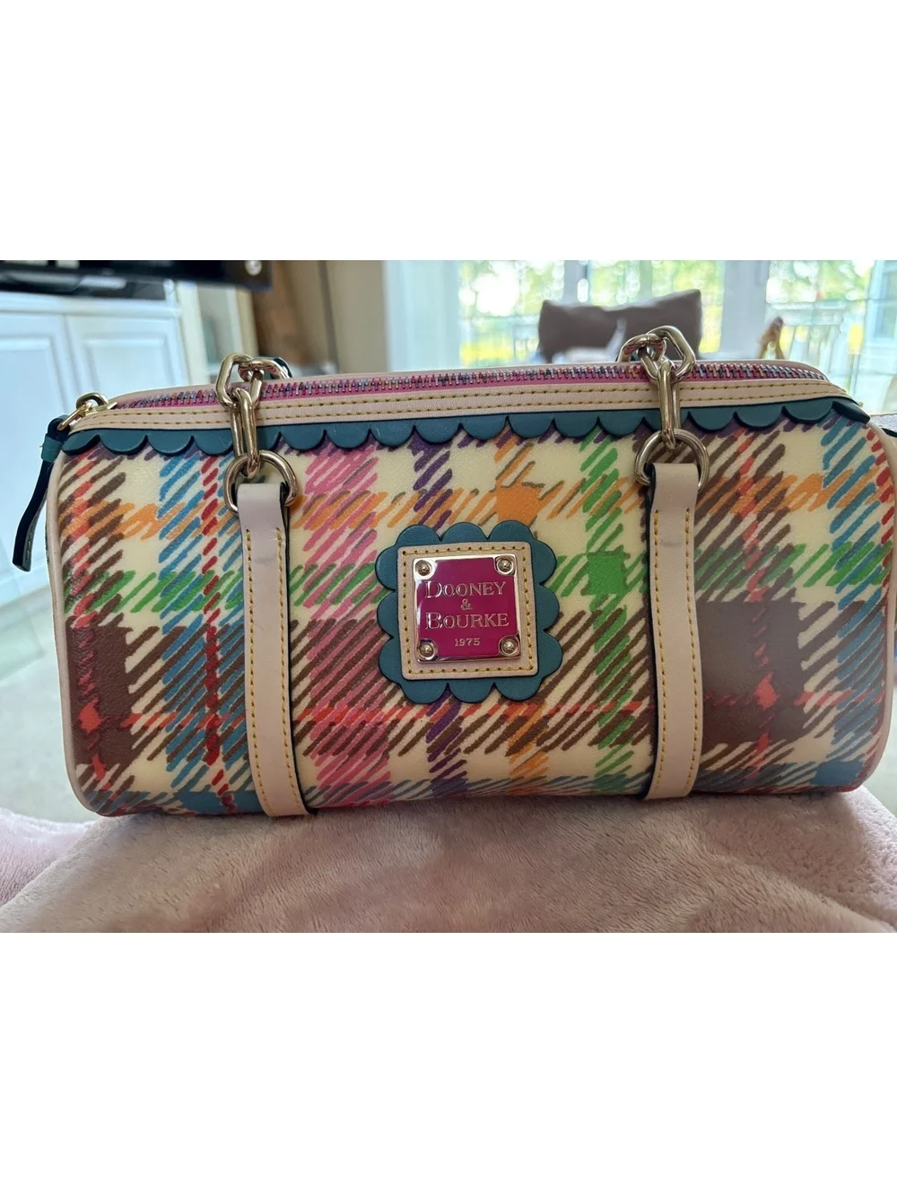 DOONEY & BOURKE MULTICOLOR PLAID SATCHEL HANDBAG WITH HEART BAG CHARM